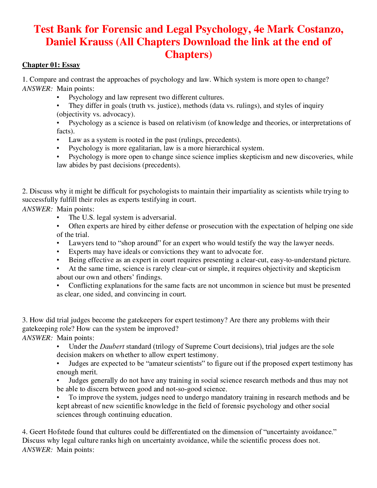Recommended document preview for Forensic and Legal Psychology, 4e Mark Costanzo, Daniel Krauss (Test Bank)